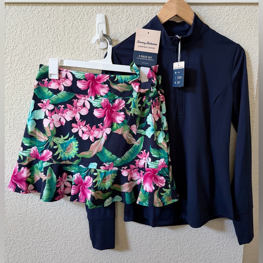 Tommy Bahama Small Active Set Long Sleeve 1/2 Zip/Skort/Scrunchie Set UPF 50